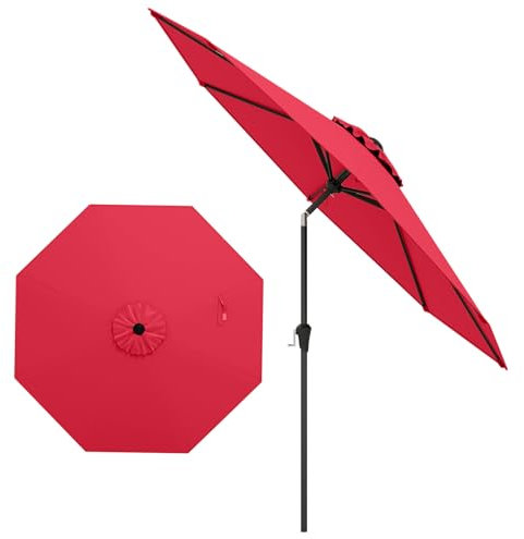 GYMAX Ombrellone da Giardino, Ø 2,7 m, Inclinazione 35°, con Manovella e 8 Stecche Resistenti, Foro di Ventilazione, Parasole in Metallo, per Patio, Piscina, Mercato (ROSSO)
