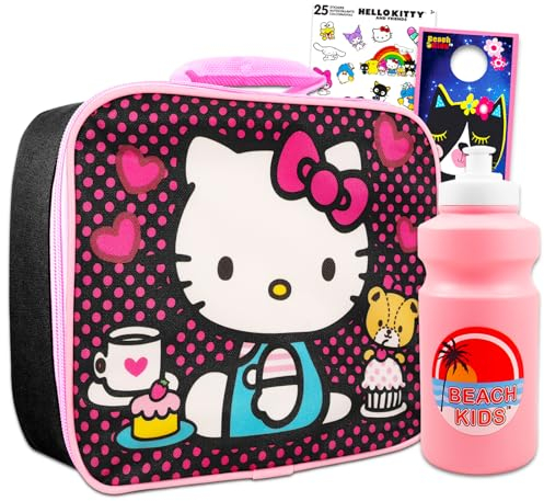 Hello Kitty Lonchera para niñas – Paquete con bolsa de almuerzo aislada Hello Kitty más calcomanías, botella de agua, más | Juego de contenedores de almuerzo Hello Kitty