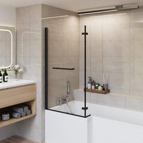Aquariss 810x1400mm L-Shaped Shower Screen with Return Black Towel Rail | Aluminum Frame, 6mm Toughened Easy Clean Glass, Reversible, 15mm Wall Adjustment, Seal Strips, Pivot, Brass Hinged