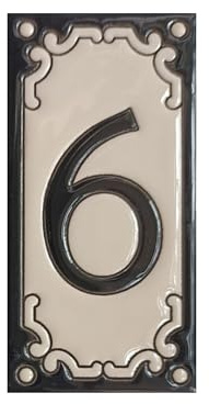 Jacho Carreaux de chiffres et lettres peints à la main Noir 11 x 5,5 cm avec cadre en filigrane en métal optionnel (carreaux numéro 6)