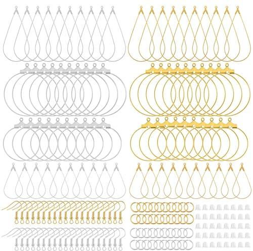 200 Stück DIY Ohrringe Perlen Creolen Set, Ohrringe Selber Machen Suche Nach Creolen, Tropfenform Circle und Ohrhaken Kunststoff Ohrstöpsel für Schmuckherstellung (Gold, silver)