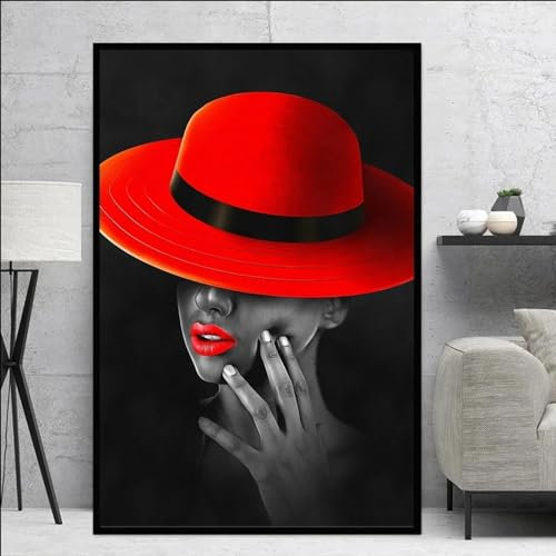ZHAOLIN Modische Frauen mit roten Hüten, Plakate und Drucke, Leinwandmalerei, Wandkunst im Modestil, Bilder, Home-Bar-Dekoration, 70 x 100 cm, rahmenlos
