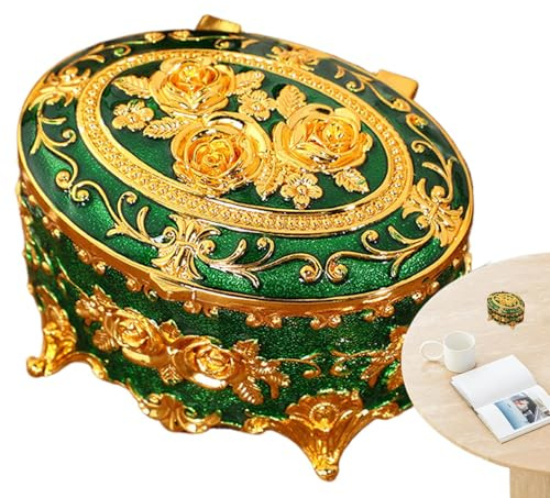 Organisateur de bijoux en métal vintage, organisateur d'anneaux de fleurs roses - Étui de rangement européen ovale - Support de boîte de rangement ovale rétro pour broches, boucles d'oreilles, bracele