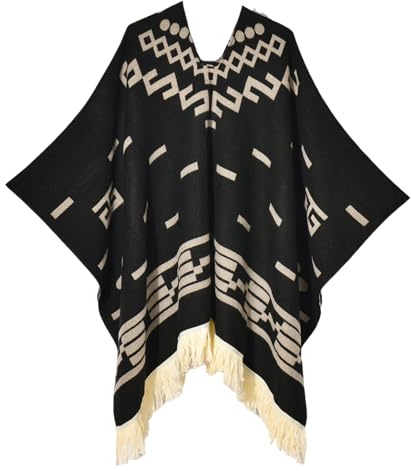 Iris Sprite dampullover poncho etnisk stil poncho för kvinnor tofsar stickade sjalar och sjalar capes, Denimsvart, one size
