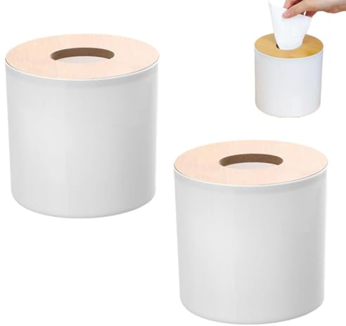 2 Unidades de Cubierta para Caja de pañuelos, Almacenamiento de Papel higiénico con Tapa, Cubierta Redonda para Rollo de Papel higiénico, dispensador de Papel higiénico de Madera (Redondo Blanco)