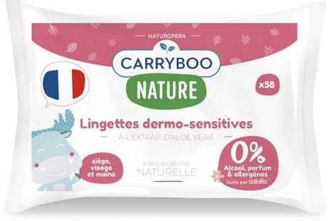 CARRYBOO - Lingettes Dermo-Sensitives - Lingette Bébé Sans Parfum - Nettoyantes Sans Allergènes - Soin Bébé Apaisant pour Peaux Sensibles - 9x58