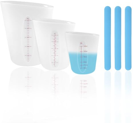 Juego de Tazas Medidoras de Silicona 500/250/125ml - Taza Medidora de Cocina con Palos Mezcladores, Taza Medidora Flexible para Repostería Silicona para Alimentos para Laboratorio