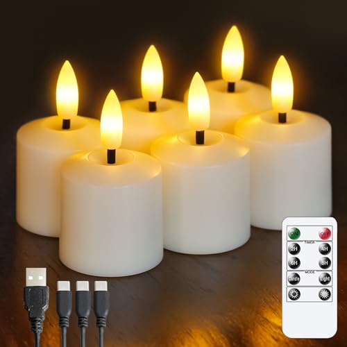 Mavandes Rechargeable Small Flameless Tea Light Candles with Remote Function, LED Votive 2/4/6/8 Hours Timer Ivory 1.5 x2.5 Mini Plastic Set of 6 Tealight (Charging Cable Included)
