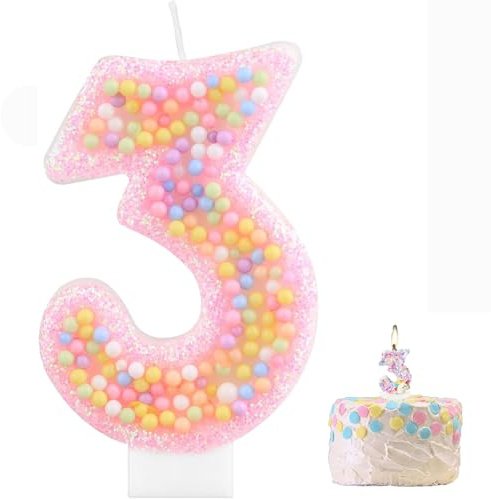 Bessy shop Velas de Cumpleaños,Vela Número 3 Rosa Macarrón con Glitter 3D para Tartas,Velas 3D para Cumpleaños,Decoración de Cumpleaños Infantil,Fiestas de Niñas