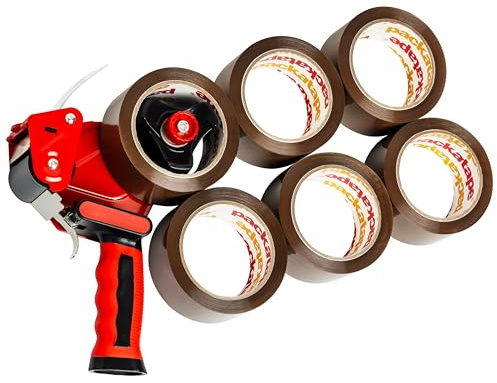 Packatape Packing Tape Gun with 6 Rolls of Extra Strong Brown Tape - Heavy Duty Packaging Tape with Premium Dispenser for Moving, Shipping and Storage