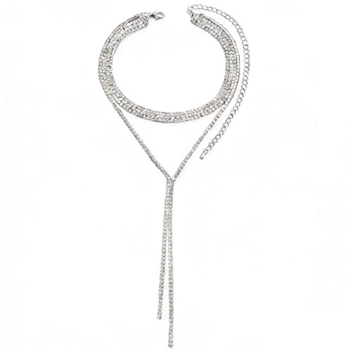 Carufin Schichten Strass Choker Y-Halskette, funkelnde lange Kristall Tennis Kette für Frauen