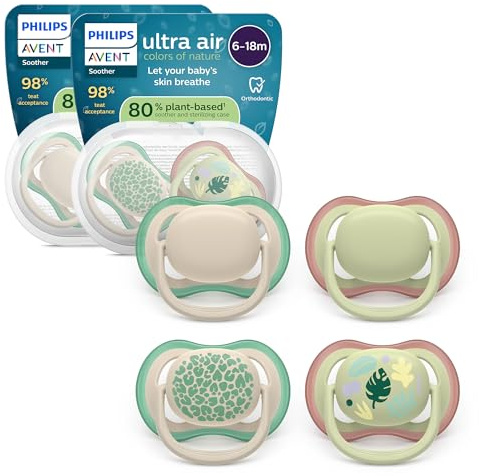 Philips Avent chupetes ultra air: diseño anatómico, para bebés de 6 a 18 meses, tetina simétrica de silicona suave, sin BPA, 2 estuches esterilizadores, paquete de 4, SCF087/26