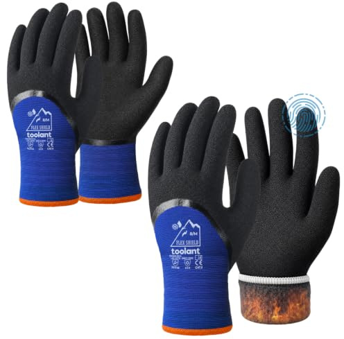 toolant 3/4-Coated Winter Work Gloves for Men & Women, 2 Pairs, Blue, M | Waterproof Freezer Gloves, Dual-Layer Latex Coating, Thermal Insulated, Grip, Touchscreen, for Snow Removal, Winter Work.