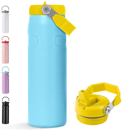 Thermosflasche mit Strohhalm, 720ml BPA-frei Edelstahl Trinkflasche, Auslaufsicher, Kohlensäure Geeignet, mit Strohhalm & Schraubdeckel, Isolierte Doppelwandige Wasserflasche für Sport, Schule & Büro