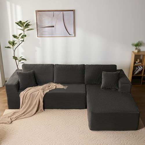 Litbird Modulares L-förmiges Ecksofa mit Schlaffunktion – rahmenloses Schlafsofa mit Chaiselongue rechts, extra tiefer Sitzfläche, montagefrei, für Wohnzimmer,Grau