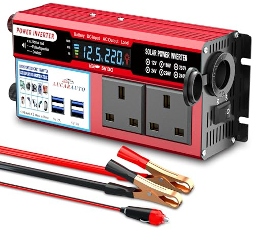 AUCARAUTO 500W Modified Sine Wave Car Power Inverter 12V to 230V Converter with 2 AC Sockets /4 USB Ports/Car Adapter/Digital Display and Aluminum Body, Charge Your Laptop, iPhone, Tablet & More