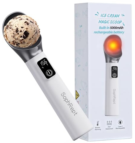 Heated Ice Cream Scoop Rechargeable, 5000mAh, 20W Fast Charging, 30s Heat Up, 158°F Electric Self-Warming Scooper for Hard Frozen Desserts, IP67 Waterproof, Auto Shut-Off