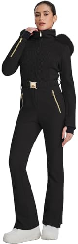 YEEFINE Women's One Piece Ski Suit Waterproof Snowsuits Insulated Snowboard Snow Suits Jacket Outfits Slim Fit Jumpsuits(Black,L)