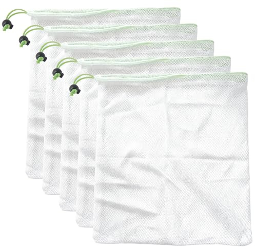 Plkjiu 5-Pcs Fruit Protection Bags - Drawstring Vegetable Storage Bags for Eco-Friendly Kitchen & Shopping, White Green Mesh Bags for Fruits & Vegetables