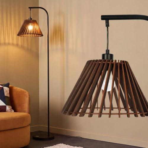 Vintage Stehlampe mit Holz-Lampenschirm für Wohnzimmer, Stehleuchte mit Fußschalter für 3 Farbtemperaturen, E27-Fassung, schwarze Retro-Leuchte für Schlafzimmer & Lounge-Ecke Modell WOVI FL24