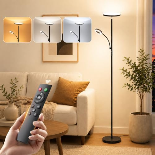Torkase LED Stehlampe Wohnzimmer, 42W 4200LM Deckenfluter mit Leselampe, Dimmbare Mutter-Tochter Standleuchte mit Magnetischer Fernbedienung, 2700K-6500K Moderne Lampe Schwarz