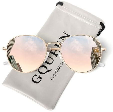 GQUEEN Retro Sonnenbrille Damen Herren Rund Polarisierte Hippie Stil UV400 | Leicht,Metallgestell,Verstellbare Nasenauflagen,Autofahren,Reisen,Laufen,Golfen,Angeln