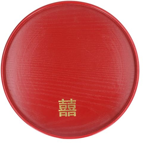 Plateau de service en bois rouge, plat de service décoratif pour collations, fruits et boissons ; plateau en bois massif fabriqué à la main avec une finition lisse, idéal pour la t (Rond L)