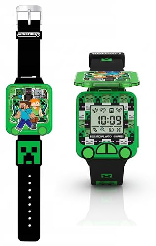 SRV Hub Minecraft - Orologio digitale educativo per ragazzi, con 5 divertenti giochi di apprendimento, timer, sveglia, cronometro, 10 quadranti, cinturino in silicone blu, età 4+