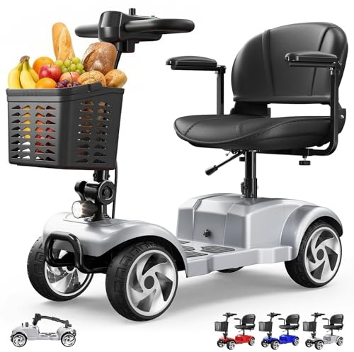 Seniorenmobil 4 Rad Klappbar Elektromobil für Senioren und Erwachsene 20AH Akku Elektrische Gehhilfe 32km Reichweite Faltbares Elektromobil mit Sitz und Korb bis 150kg für Privatgebrauch, Silber