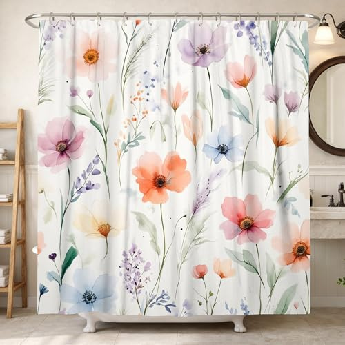 Cortina de ducha de flores, acuarela floral, brotes de hojas pastel, lavable, con ganchos, cortinas de tela de baño para el hogar, baño, decoración de hotel, 62 x 72 pulgadas