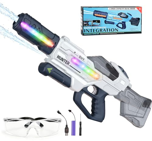 Beeoecm Wasserpistole Elektrisch, 1000ml Automatische Wasserpistole mit LED-Lichtern, Schutzbrille & Automatische Wasseraufnahmefunktion, Wasserspritzpistole Aufladbar für Strand, Schwimmbad (Weiß)