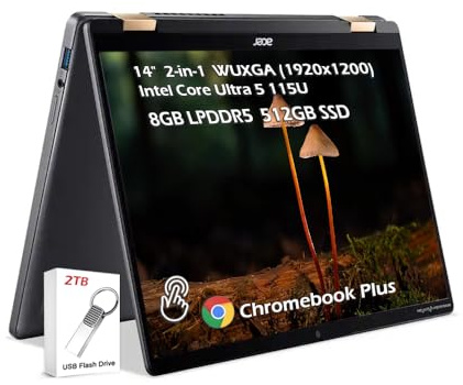 acer Chromebook Plus Spin 714 14 Touch WUXGA IPS 2-in-1 Laptop con Google AI, Intel Core Ultra 5 115U, (8GB LPDDR5 512GB SSD), Wi-Fi6E retroilluminato KB Chrome OS, grigio acciaio, w/2TB USB Drive, W
