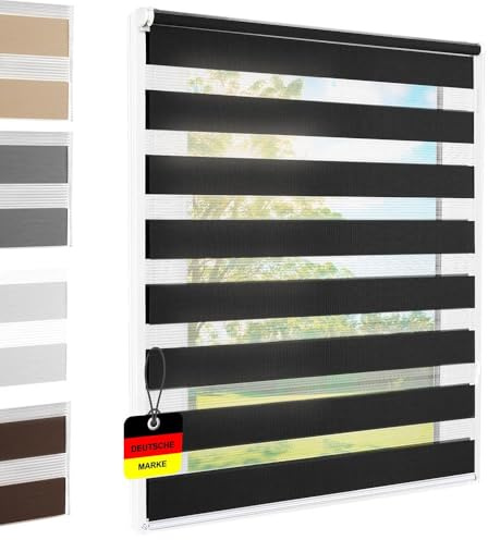Doppelrollo Klemmfix ohne Bohren Schwarz 65x140 cm [Stoffbreite 61cm] | Duo Rollo Fensterrollo für Fenster/Türen Gardine Klemmrollo Seitenzugrollo Sichtschutz Sonnenschutzrollo Zebrarollo