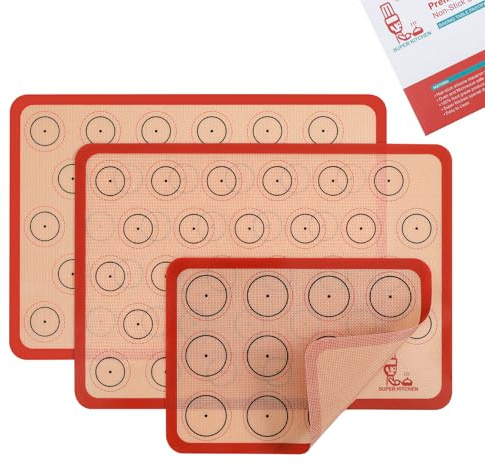 Folksy Super Kitchen Silicone Macaron Baking Mat - Set of 3 (2 Half Sheet and 1 Quarter Sheet), Non Stick Silicon Oven Liner For Macaroons and Cookies (16.5x11.6, Red)