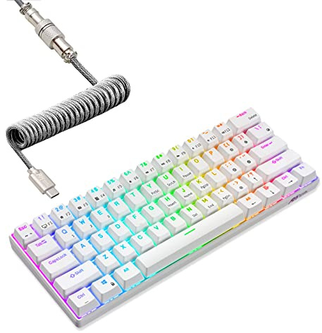 RK ROYAL KLUDGE RK61 60% Mechanical Keyboard with Coiled Cable, 2.4Ghz/Bluetooth/Wired, Wireless Bluetooth Mini Keyboard 61 Keys, RGB Hot Swappable Blue Switch Gaming Keyboard with Software - White