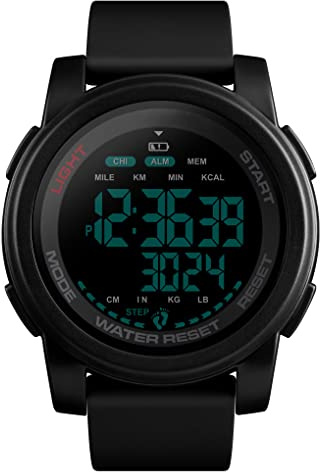 FeiWen Homme Outdoor Sport Digital Podomètre Montres 50M Étanche Outdoor LED Électronique Calorie Temps Double Chronomètre Calendrier Grand Plastique Militaires Montre Bracelet (Noir 2)