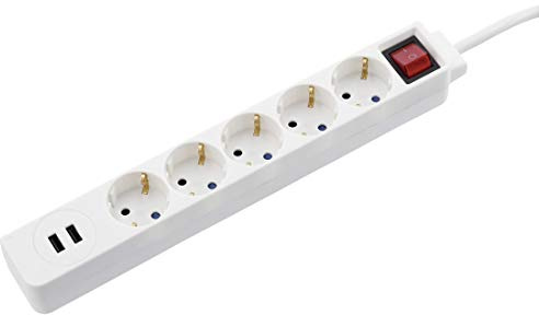 Hama Steckdosenleiste 5-Fach mit USB (2X USB Anschluss mit 3400 mA, 1,4m Mehrfachsteckdose, Berührungsschutz, unbeleuchteter Kippschalter, Steckplätze um 45° gedreht, Steckleiste max. 3680W) weiß