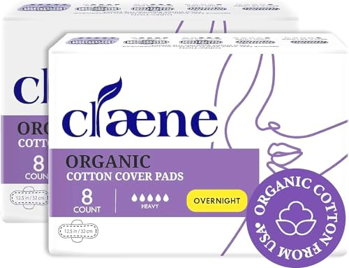Claene Organic Cotton Cover Pads, Cruelty-Free, Menstrual Overnight Pads for Women, Unscented, Breathable, Vegan, Natural Sanitary Napkins with Wings (Overnight, 2 Pack, Total 16 Count)