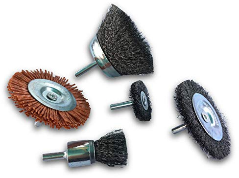 Kibros Lot 5 brosses acier tige 6 mm circ. souple+bout souple+coupe | 2 circulaires Ø 38 et 75 mm, 1 bout Ø 22 mm, 1 coupe Ø 75 mm, toutes souples, abrasif, tige 6 mm.