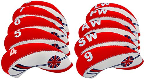 10pcs/set Golf Iron Head covers UK Flag Protective Case,White & Red | Headcover For Most Irons Brand Titleist Callaway Ping Taylormade Cobra Etc