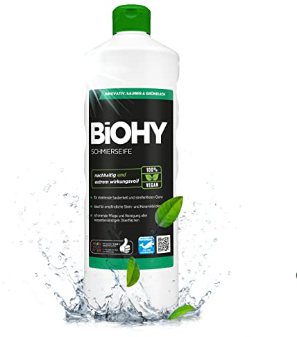 BiOHY Schmierseife (1l Flasche) | Konzentrat für Bodenreinigung – Wischpflege für Holz, Parkett & Fliesen | Rückfettend, extra stark & ergiebig | Flüssiger Bio-Fußbodenreiniger