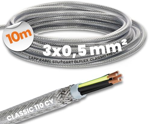 Lapp 10m Ölflex Classic 110 CY Steuerleitung 3x0,5 mm² Geschirmt | Abgeschirmtes Kabel 3 adrig mit Kupfer-Geflecht, transparenter PVC Mantel, EMV-konform für Maschinenbau & Anlagenbau