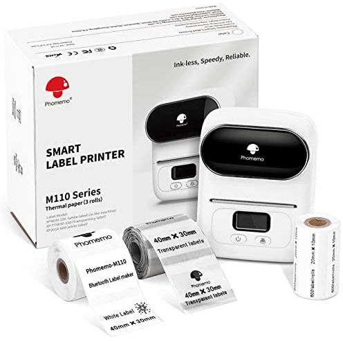 Phomemo M110 Etikettendrucker Bluetooth Etikettiergerät Beschriftungsgerät Selbstklebend mit 3 Etikett Geschenkbox, Label Printer für Barcode,Geschäfte,kleine Unternehmen,für Android & iOS & PC - Weiß