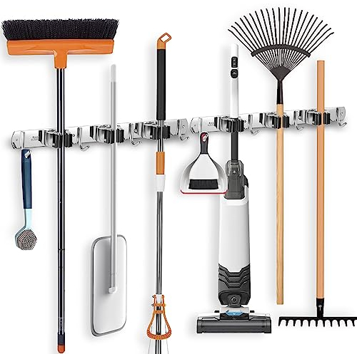 ibell 2 Stück Besenhalterung Wand, Gerätehalter Edelstahl, Besen Mop Halter Wandhalterung, Selbstklebend Werkzeughalter Organizer mit 3 Halter und 4 Haken für Zuhause Küche Badezimmer