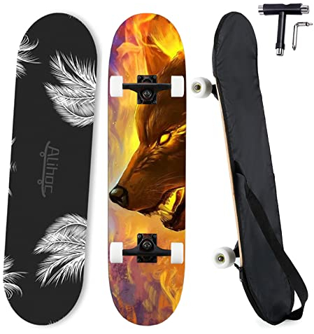 31 Zoll Standard Skateboard, 7 Lagen Ahorn Board Oberfläche, geeignet für Kinder, Jugendliche, Erwachsene, Anfänger und Profis, mit Einer maximalen Belastung von 150 kg-Fire Wolf Head