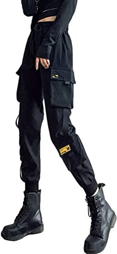 ORANDESIGNE Freizeithosen Damen Cargo Hose Elastic Waist Buckle Ribbon Pocket Jogger High Streetwear Harajuku Hose Punk Ringkette Damenhose E Schwarz XXL