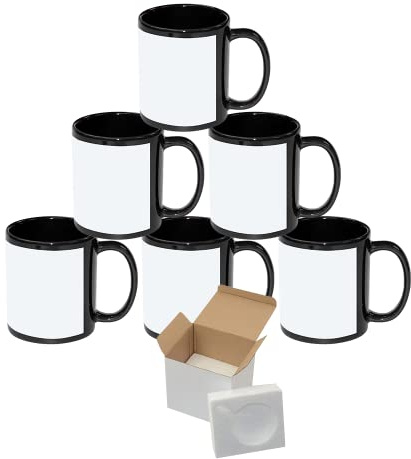 MR.R 11 Unzen Set mit 6 Sublimations-Kaffeetassen aus schwarzer, vollfarbiger Keramik mit weißem Aufnäher für Thermotransfer