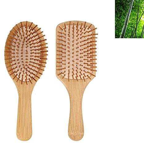 Wooden Hair Brush 2 Pack, Natural Bamboo Hair Combs set, Bristle Detangling Hairbrush for Women, Men Reduce Frizz, Massage Scalp for Straight Curly Wavy Dry Wet Thick or Fine Hair