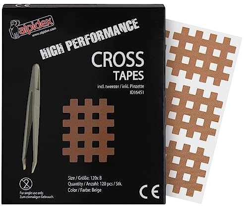 ALPIDEX Cross Tape 120 Stück Beige Gitterpflaster Sportpflaster Set Größe B | Gittertape, Akupunkturpflaster, Schmerzpunkte, Triggerpunkte, wasserfest, hautfreundlich, mit Pinzette, elastisch, reißfest