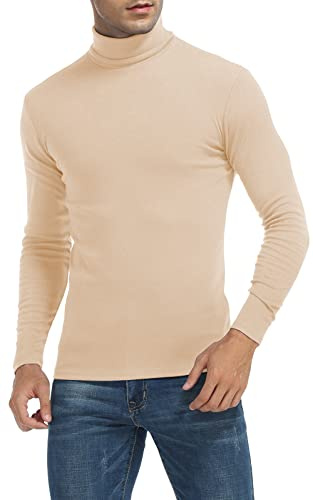 MLANM Men's Long Sleeve Turtleneck Jumper Casual Slim Fit Apricot L